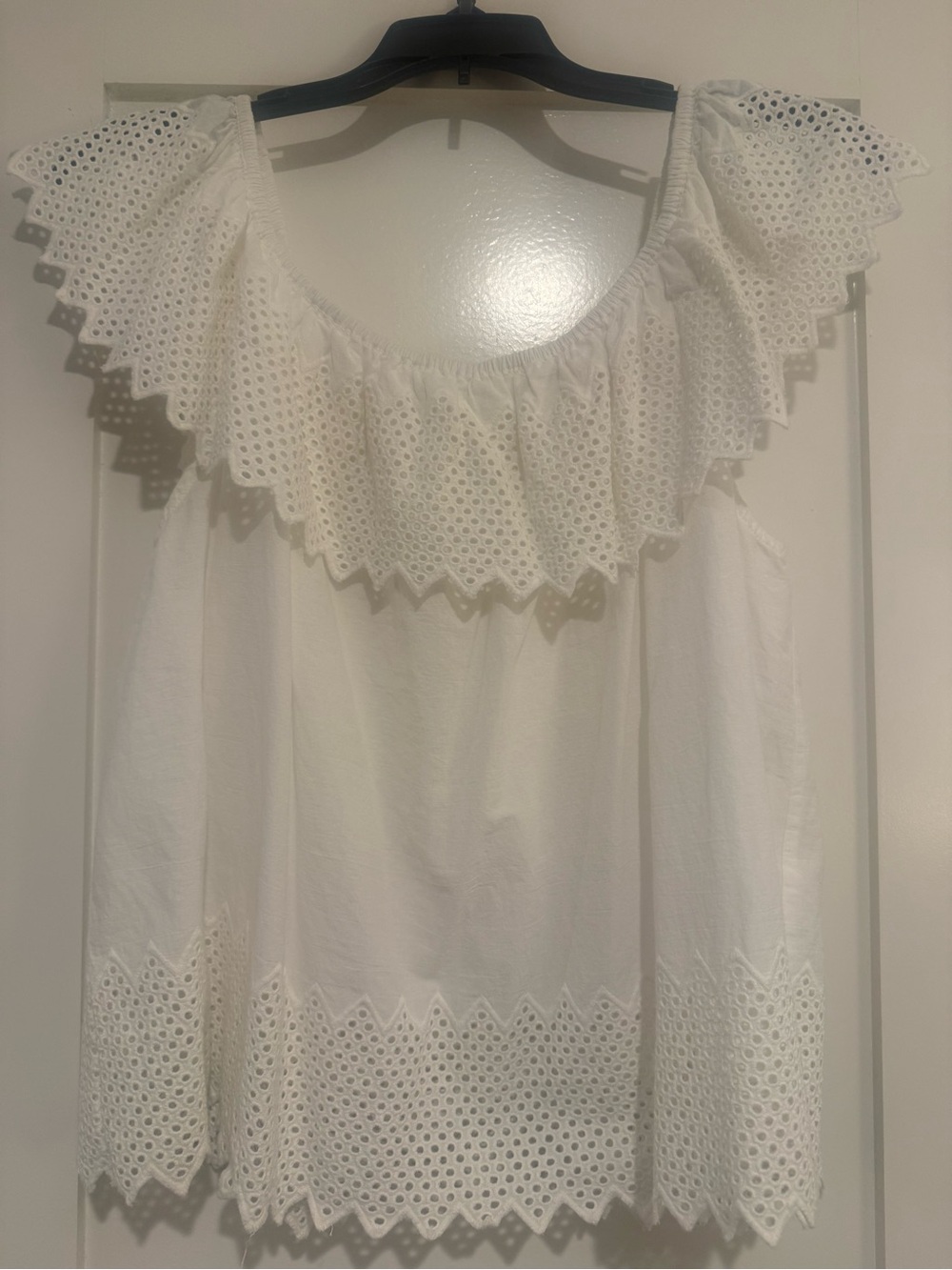 THE GREAT. White Eyelet Ruffle Blouse